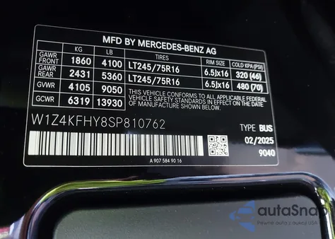 2025 Mercedes-Benz Sprinter 2500 Standard Roof 4-Cyl Diesel from USA, damaged, VIN W1Z4KFHY8SP810762